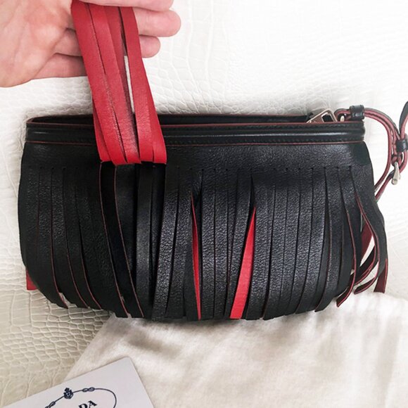 RARE, AUTHENTIC Black & Red Prada Fringe Leather Wristlet NWT - Picture 3 of 9